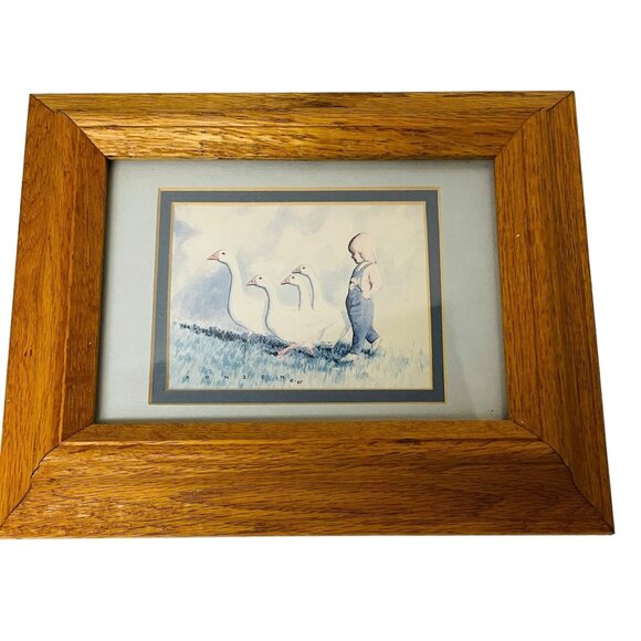 Vintage Wooden Frame Child Geese Print 10x8 Wall Art Decor Nursery Kids Room - Picture 1 of 4